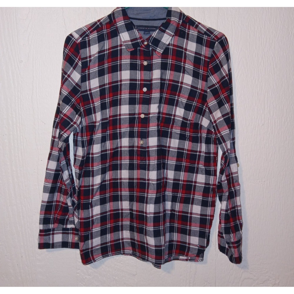 Tommy Hilfiger Plaid Button Down Shirt Womens Medium Red Blue White Roll Sleeve